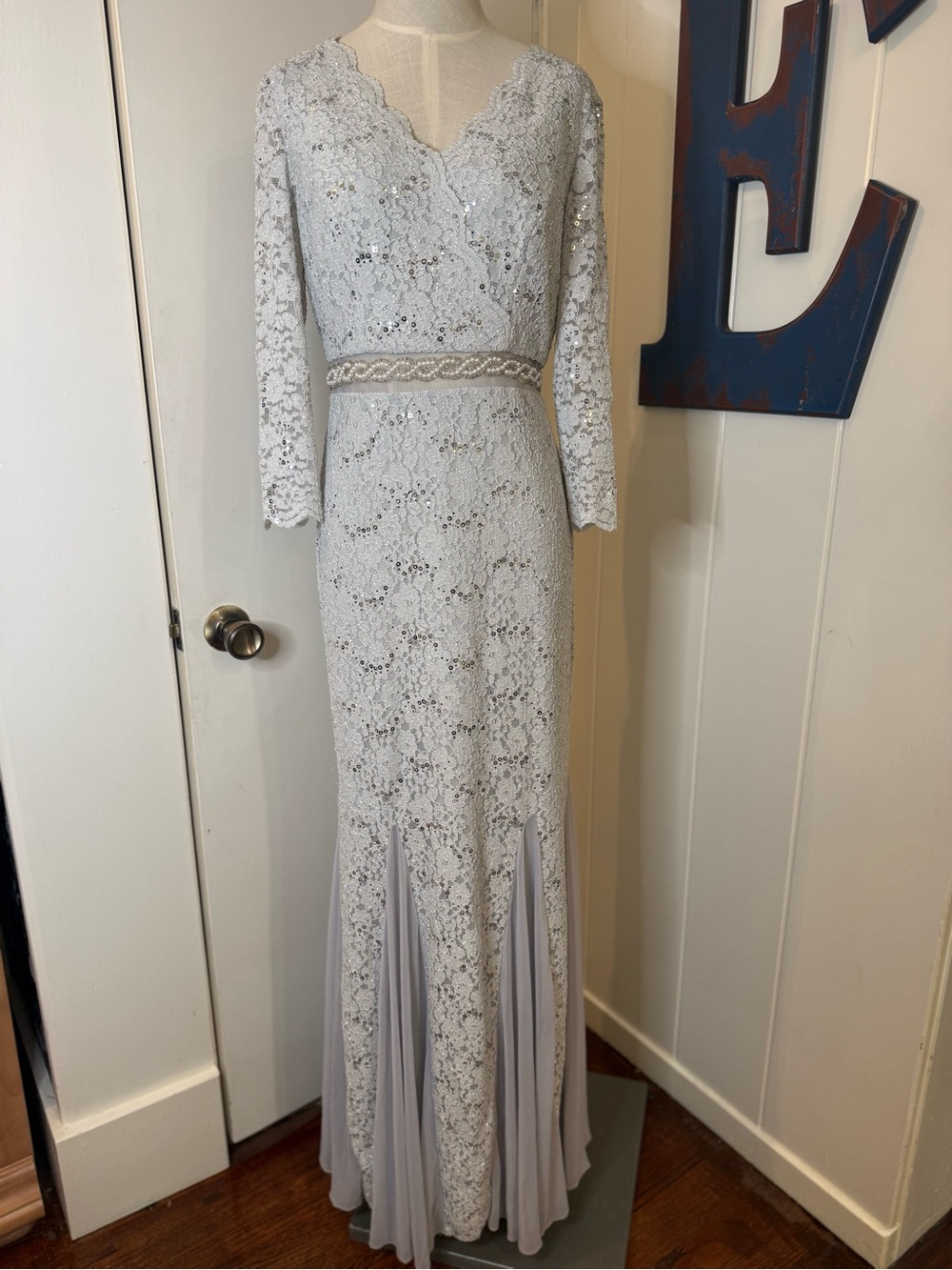 Alex Evenings Silver Grey Lace Long-Sleeve Evening Gown Sz 4